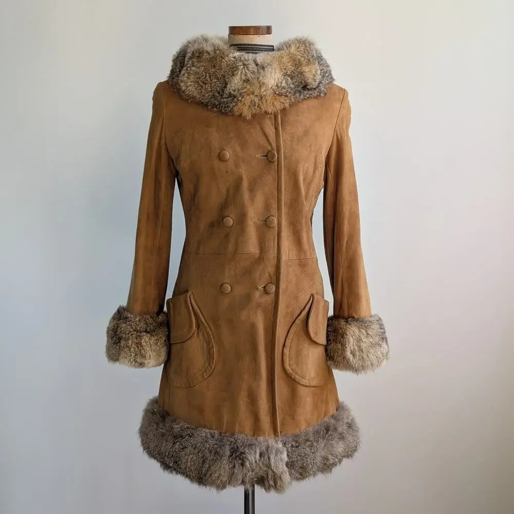 Vintage Leather Penny Lane Jacket Faux Fur Furry 70s Afghan Tapestry Trench Coat - Picture 13 of 16
